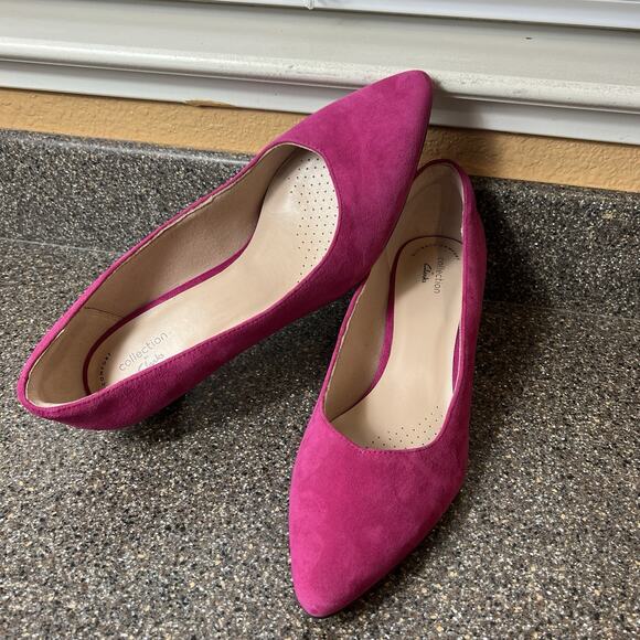 Clarks Collection Slip On Kitten Heel Pink Suede Comfort Classic Pump Womens 11W - Picture 1 of 11